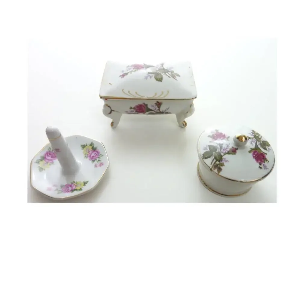 Vintage Ceramic Rose Vanity Set Footed Trinket Box Ring Dish Gold Trim Japan